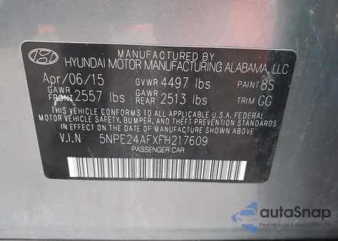 2015 Hyundai Sonata Se z USA, uszkodzony, nr VIN 5NPE24AFXFH217609